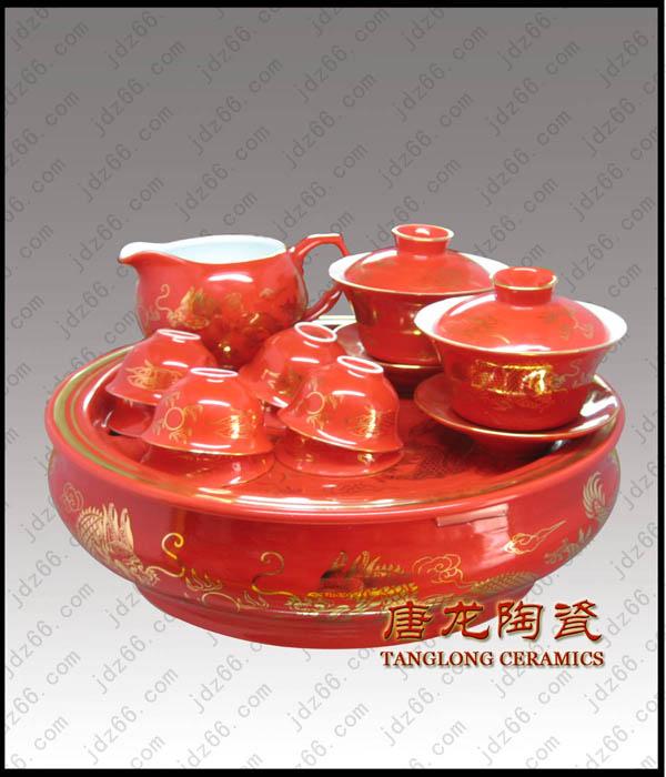 供应景德镇陶瓷茶具中国红陶瓷茶具高档礼品陶瓷茶具图片