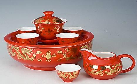 供应中国红茶具，红瓷茶具-金龙一壶四杯碟