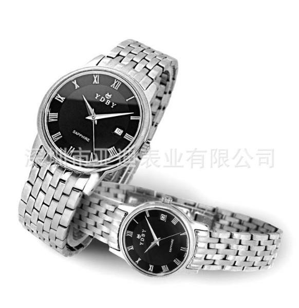 供应不锈钢带日历手表 防水情侣手表 亚迪厂家批发