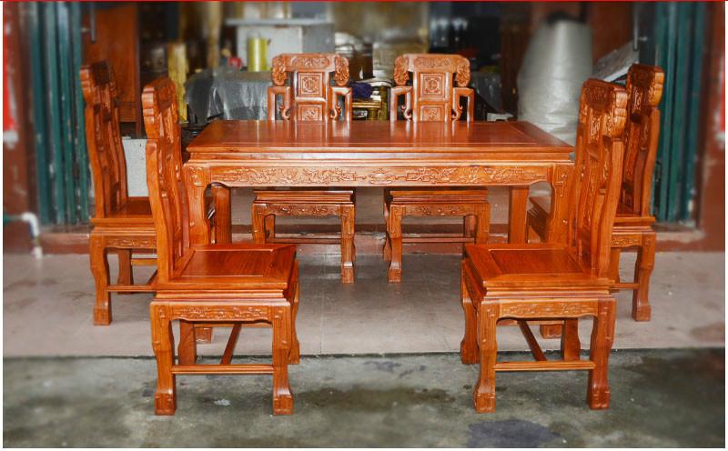 缅甸花梨木象头餐桌椅组合饭桌批发