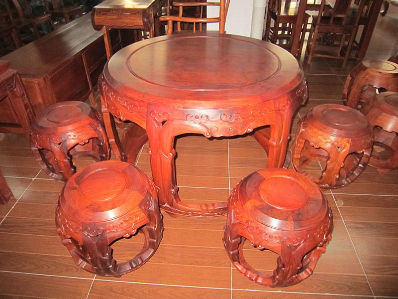 红木家具仿古鼓桌缅甸花梨木雕花鼓台 茶桌 圆桌5件套