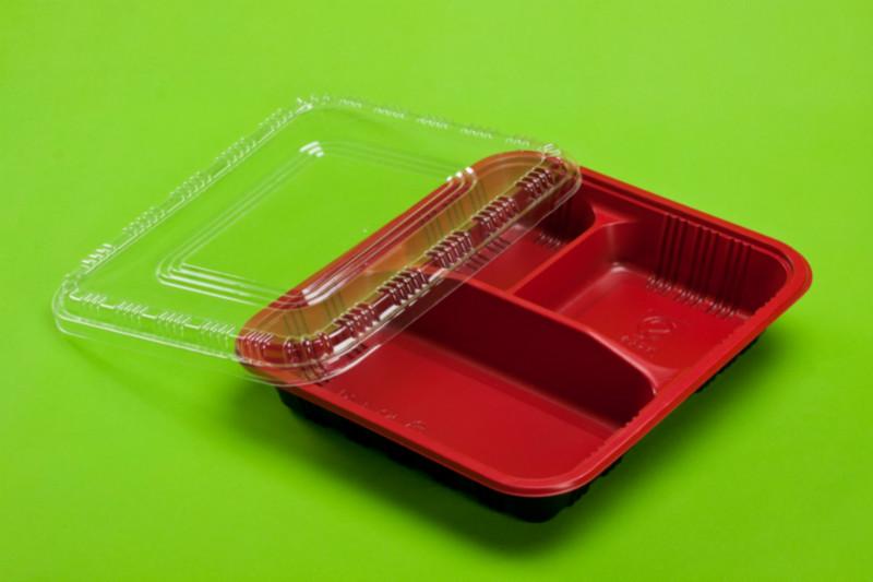 环保快餐盒红黑一次性三格饭盒批发
